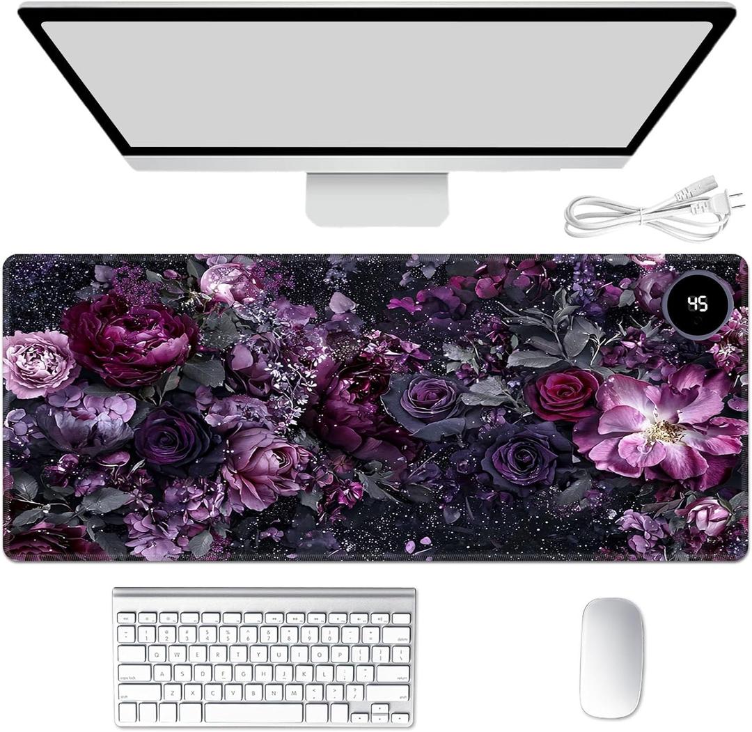 Heated Mouse Pad Hand Warmer, Warm Desk Pad Mousepad Desk Mat with 3 Levels Heating and Auto Shut Down 31.5 x 13 inch PU Leather Warmer Keyboard Mat for Gaming Laptop Office Home, Purple Flower