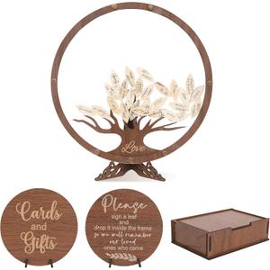 LINGANA Wedding Guest Book Alternative - Personalized Bridal Shower Party Decorations, Wooden Family Tree Guest Book, Standing Wedding Keepsake Artwork, Circle Family Tree Sign with 60 Leaves