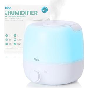 Frida Baby 3-in-1 Cool Mist Humidifier for Large Rooms, Top Fill Humidifier for Bedroom, Allergy Relief, 60 Hour Runtime + Nightlight, Auto Shut-Off, Quiet, Carry Handle, Essential Oil Diffuser (White)