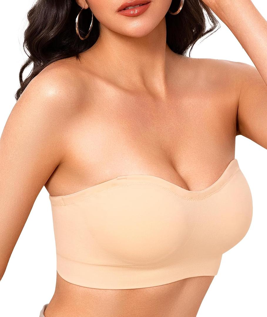 Strapless Bras for Women Non-Slip Wireless Bandeau Bra Seamless Padded Tube Top Bra Including Fabric & Clear Straps (Beige, S)