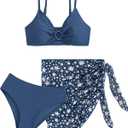 COZYEASE Girls' 3 Piece Bikini Set Ditsy Floral Print Wireless Swimsuit with Beach Skirt (Navy Blue), 13Y