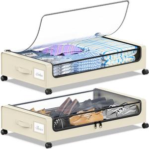 Under Bed Storage with Wheels, Under the Bed Storage Containers with Clear Lids & Label, Underbed Storage Bins, XXL 60L Rolling Metal Drawer for Clothes, Shoes, Toys, Books (Beige)