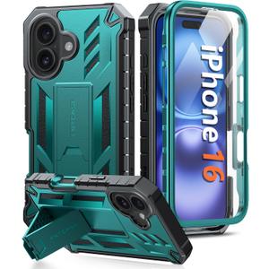 FNTCASE for iPhone 16 Phone Case: Military Grade [Built-in Screen Protector] [Kickstand] Matte Textured Drop Proof Protection Cover | Rugged Shockproof TPU Protective Sturdy Cases - Green