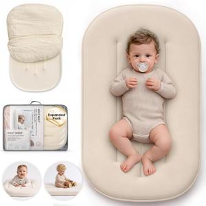 Baby Lounger - Soft Cotton Infant Support Cushion for Newborns, Breathable Portable Baby Nest Lounger & Tummy Time Mat for Home and Travel, White (Cotton Cover Included), Expanded Pack