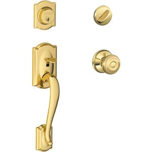 SCHLAGE Camelot Single Cylinder Handleset and Georgian Knob, Bright Brass (F60 CAM 605 GEO)