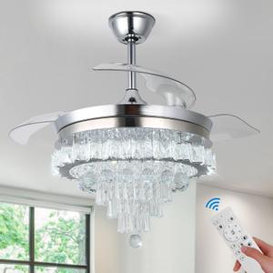 FRIXCHUR 42" Crystal Chandelier Fan Dimmable Fandelier Ceiling Fans with Light and Remote Retractable Blade Ceiling Fan Modern LED Fandeliers for Living Room Bedroom