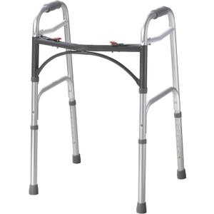 Drive Medical 2-Button Standard Foldable Walker for Seniors & Adults - Adjustable Legs - Lightweight Aluminum Construction - 350 Lb Weight Capacity - Basic Walking Aid - Silver