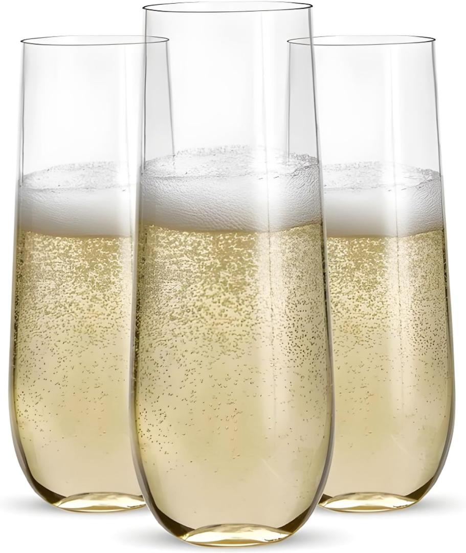 Prestee 48 Pack Plastic Champagne Flutes 9 oz - Stemless Disposable Champagne Flutes for Cocktails Mimosa Bar and Party Supplies - Clear Shatterproof Plastic Wine Glasses for Wedding and Summer Party