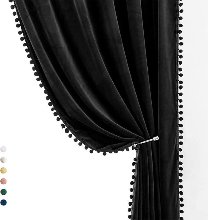 Treatmentex Pompom Black Velvet Curtains for Bedroom Windows 84" Long Decorative Room Darkening Curtains for Living Room 54" x 44" x 2Panels