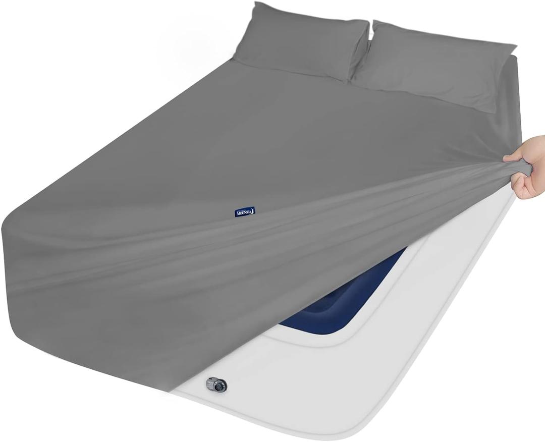 Deep Pocket Twin Sheets Set for Kids Air Mattress - Extra Deep Pocket Twin Sheet Sets - 3Pcs Side Storage Pocket Fitted Sheet & Pillowcases Easily Fits 16in to 24in Pillow Top Bed Mattress(Grey) (Gray)