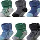 6 Pairs Baby Boy Girl Non Slip Socks Child Toddler Winter Thick Soft Wool Kids Warm Socks with Grips (0-12 Months, Blue/Green Stripe)