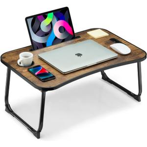 Foldable Lap Desk, Laptop Bed Desk, Portable Lap Table, Laptop Bed Table with Cup Holder & Tablet Slot & Lifting Handle for Working Writing Drawing & Eating - Rustic Brown