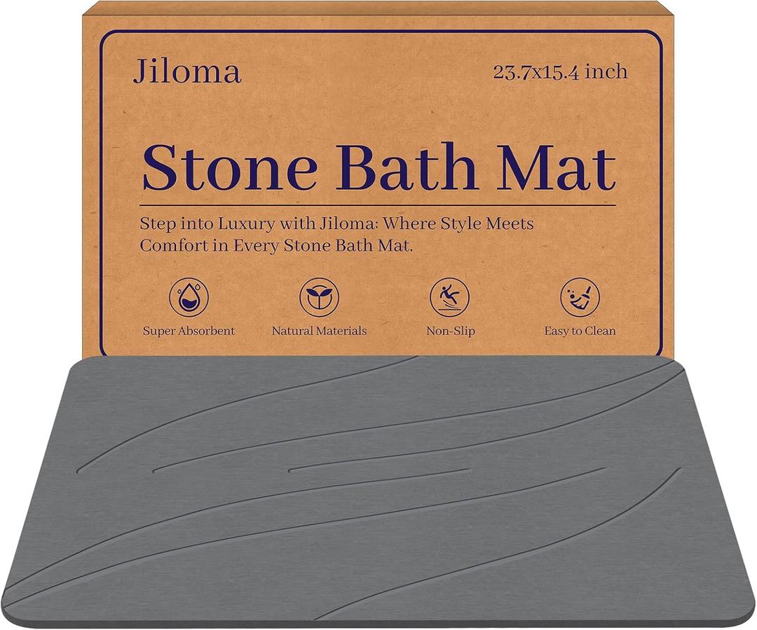 Stone Bath Mat Diatomaceous Earth Shower Mat Non-Slip Super Absorbent Bathroom Floor Mat Quick Drying Natural Easy to Clean(24 * 16 Grey)