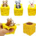 3PCS Animal Squishes Toys with Cheese Cup Squishies Cute Mice Squeeze Toys for Kids Cheese Squirrel Cup Fidget Toys for Adults Anxiety ADHD Stress Relief Toy Birthday Party Favors