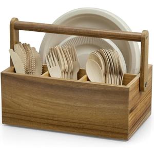 Acacia Paper Plate Dispenser, Paper Plate Holders with Handle, Picnic Silverware Caddy for Party, Cutlery Holder for Countertop, Wood Utensil Organizer for Home Kitchen & RV