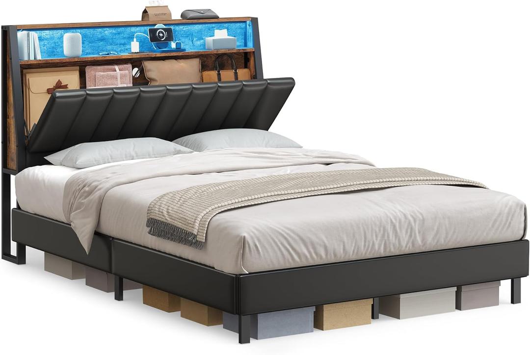 VASAGLE LED Bed Frame Full Size, Storage Headboard and Charging Station, Full Bed Frame with 2 AC Outlets, 1 USB Port, 1 Type-C Port, No Box Spring Needed, Ink Black and Rustic Brown URMB842B01