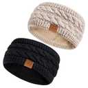 Winter Headbands for Women Wool 2 Pack, Ear Warmers for Women Headband Knit Thick Fleece Lined, Cold Weather Warm Ear Muffs(Black+Beige)