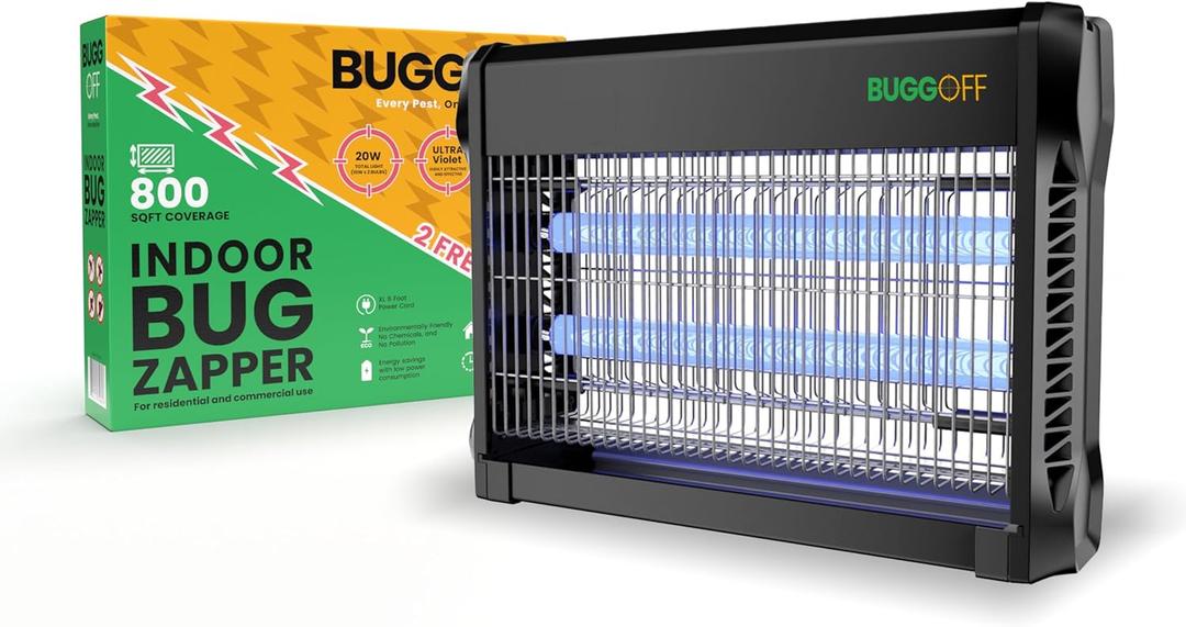 BUGGOFF Indoor Black Modern Electric Bug Zapper, 800 SQFT Coverage, 3500 Volts of Stunning Power, 20 Watts, Kills Mosquitos Gnats, Flys & More.  X2 Free Repalcment Bulbs