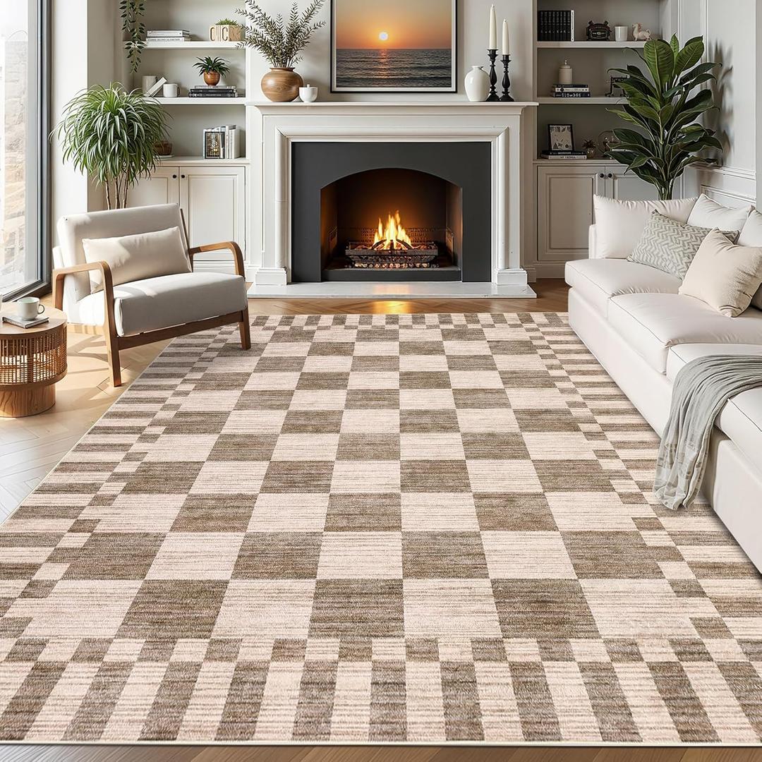 GarveeHome Brown Checkered Rug 57 Area Rugs for Living RoomGeometric Tan Brown Print Non-Slip Washable Rug Soft Low-Pile, Neutral Modern Farmhouse Rugs for Bedroom Dining Room Office