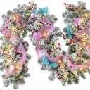 Riceshoot 6 ft Pastels Christmas Garland with Lights for Mantle Pink Candy Xmas Garland Macarons Christmas Decorations for Front Door Fireplace Porch Table Centerpiece Outdoor Party Decor