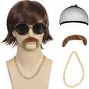 QACCF Mens 70's Wig | Mens 70s Gold Chain and Mustache and 60s Party Wig