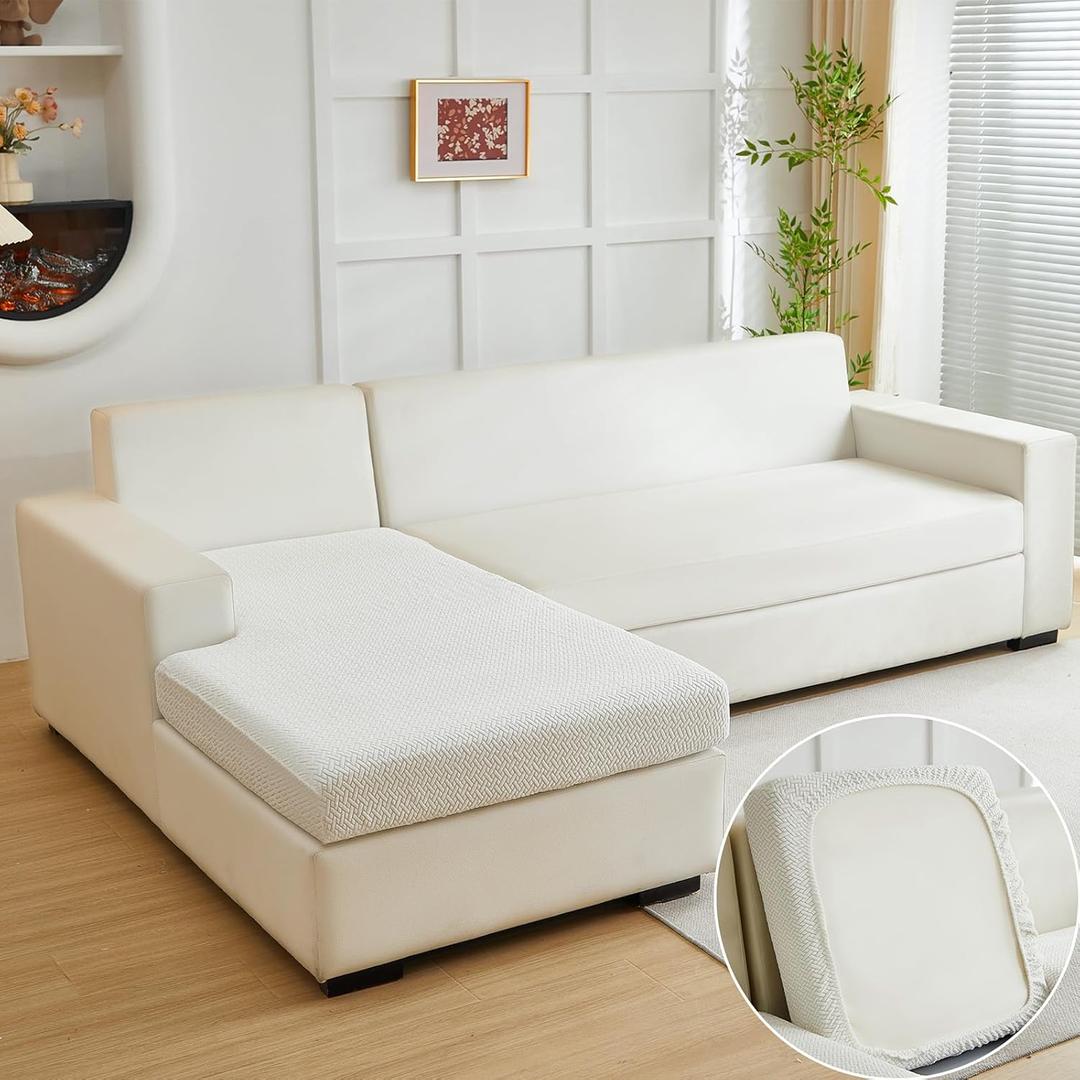 Yoovat Couch Cushion Covers for Sofa Couch Covers Wear-Resistant Universal Sofa Cover Washable Stretch for Sectional Slipcovers (Texture-Cream White,Chaise Cover, One Size Chaise Cover)
