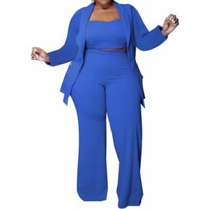 IyMoo Women's Plus Size 3 Piece Sets Outfit Tracksuit Crop Top Blazer Jacket and Wide Leg Long Pants Jumpsuit Romper Suits (4X-Large, Royal Blue)