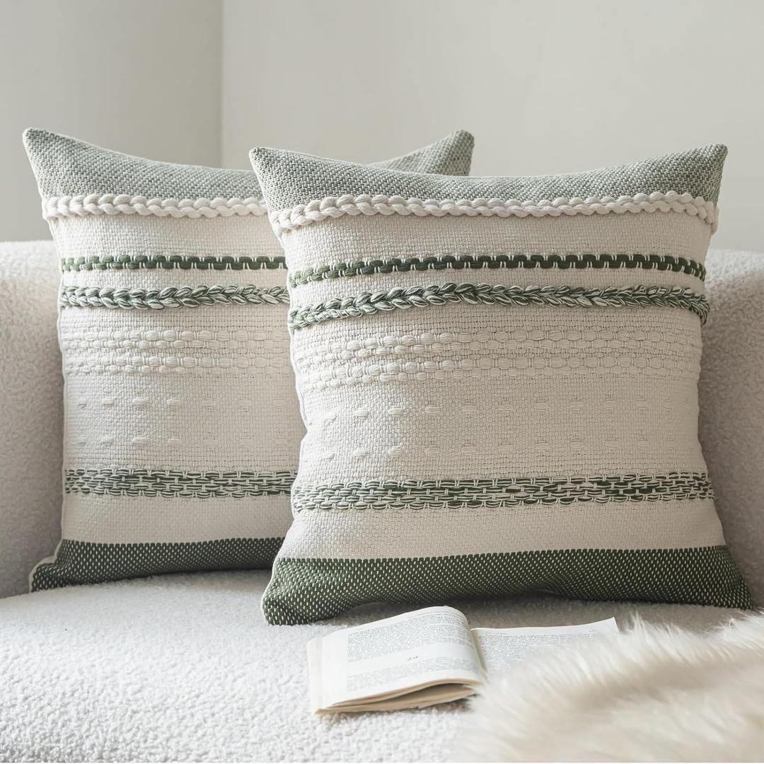 Boho Throw Pillow Covers 18x18 Inch Set of 2, Green Textured Decorative Couch Pillow Cases for Farmhouse Home Decor, Accent Cushion Cover for Sofa, Bed, Living Room, Bedroom