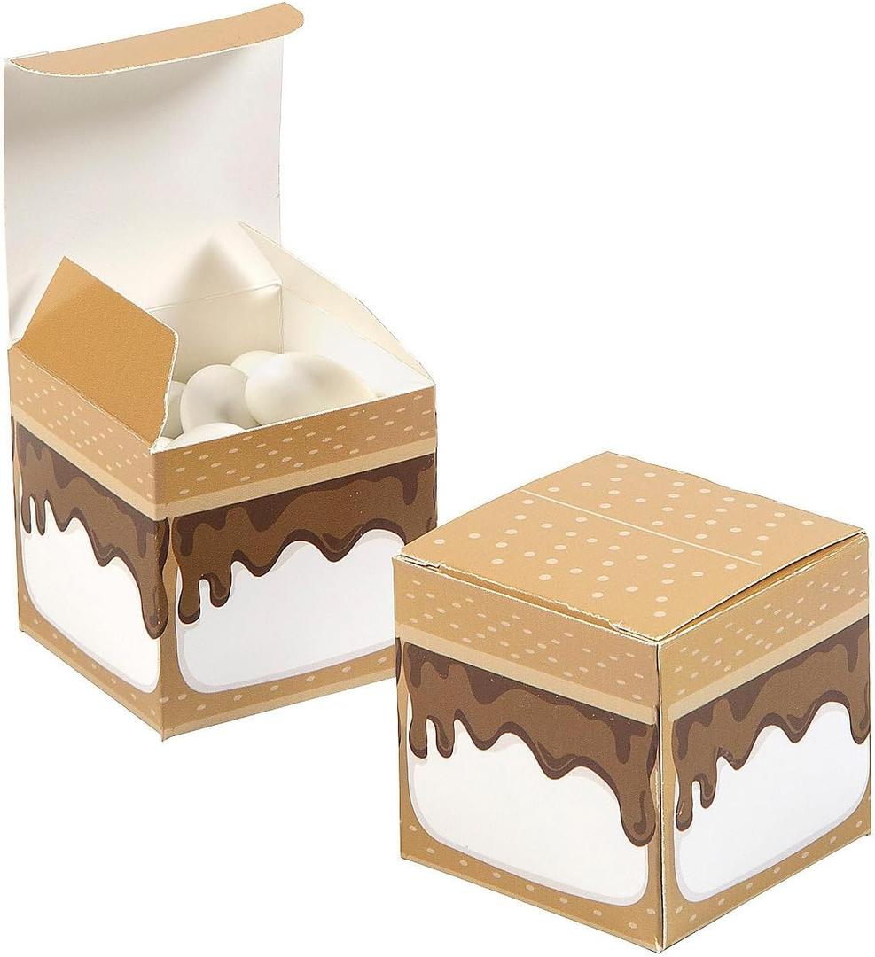 Fun Express Campfire Smores Party Folding Favor Boxes  12-Pack 2" x 2" x 2" Perfect for Smores & Treats Ideal for Outdoor Gatherings Birthday Parties and Camping Brown Color 12 Pieces