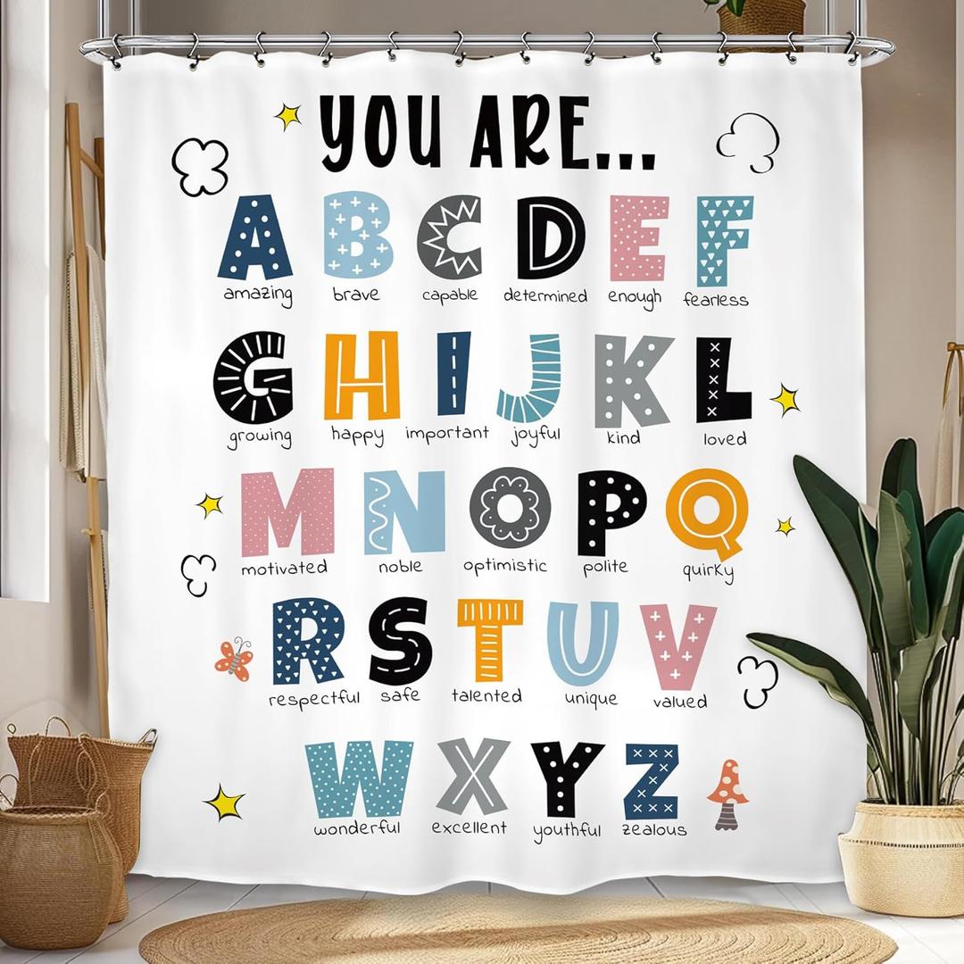 ABC Alphabet Kids Shower Curtain 72Wx72L Inch Educational Learning Tools Study Inspirational Motivational Positive Nursery Bathroom Set Accessories Decor with 12 Pack Hooks