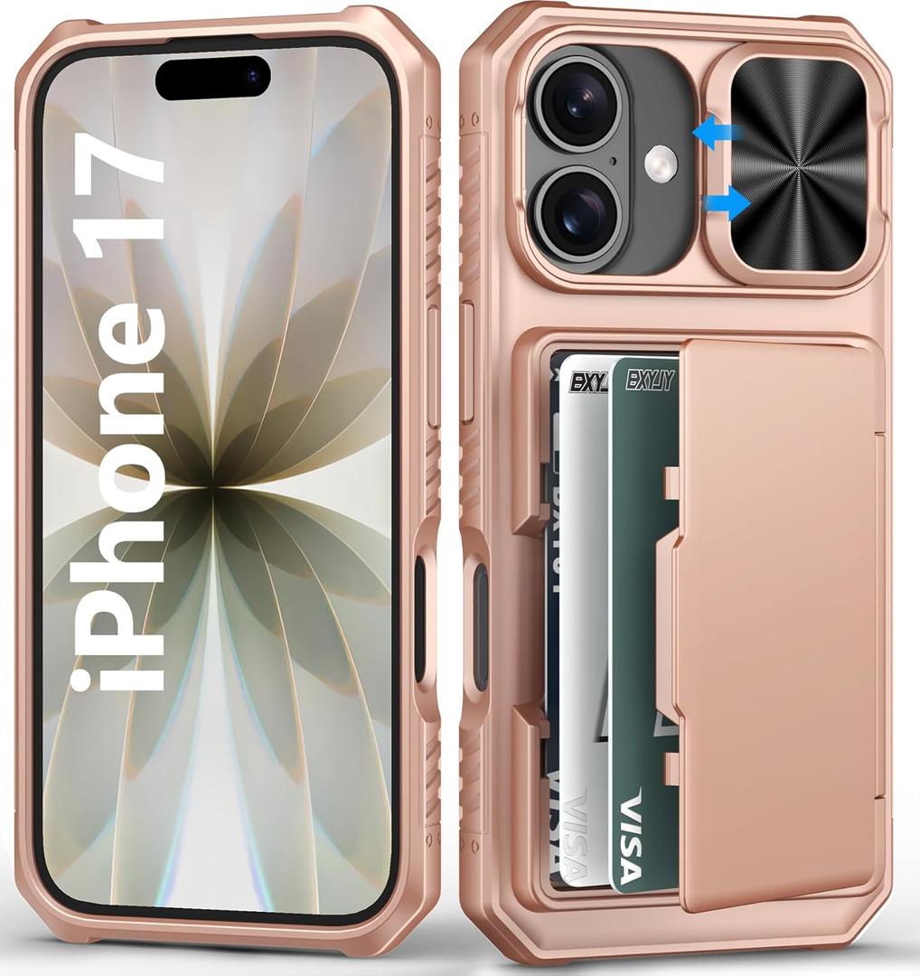 BXYJY for iPhone 17 Case Wallet, Card Holder (4-5 Cards), Slide Camera Cover, Military Grade Protection, Rugged Women Girly Men Shockproof Hard Protective Phone Case for iPhone 17 6.3", Rose Gold