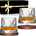 Whiskey Glasses Set of 2, Rotatable Tumbler Crystal Glass Cups, Drinking Glasses with 2Pcs Creative Walnut Coasters and Gift Box - for Scotch,Bourbon,Cocktails
