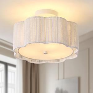 13.5" Rattan Ceiling Light Fixture with Fabric Shade, Boho Light Fixtures Ceiling Flush Mount, 3-Light Rattan Flower Shape Close to Ceiling Light Fixtures for Kitchen Bedroom Entry (White)