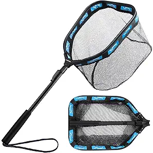 PLUSINNO Floating Fishing Net for Steelhead, Salmon, Fly, Kayak, Catfish, Bass, Trout Fishing, Rubber Coated Foldable Landing Net with Fixed or Telescoping Pole Handle, Fishing Gear and Gifts for Men