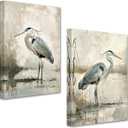 PBXBJY Heron Wall Art Coastal Bird Canvas Prints 2 Pieces Blue Heron on the Beach Pictures Vintage Animal Poster Living Room Kids Room Decor Frame (16x24inchx2Pcs) (Beige)
