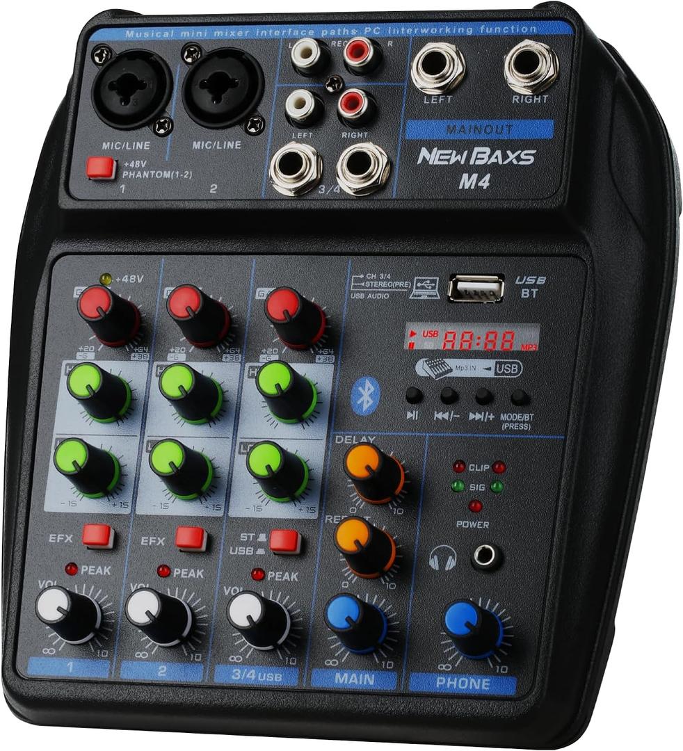 DJ Audio Mixer, DJ Mixers 4 Channel Sound Board with Bluetooth, NEW BAXS Sound Mixer Board XLR/1/4" Interface, USB/MP3 Computer Input 48V Phantom Power Stereo DJ Studio Streaming KTV Stage