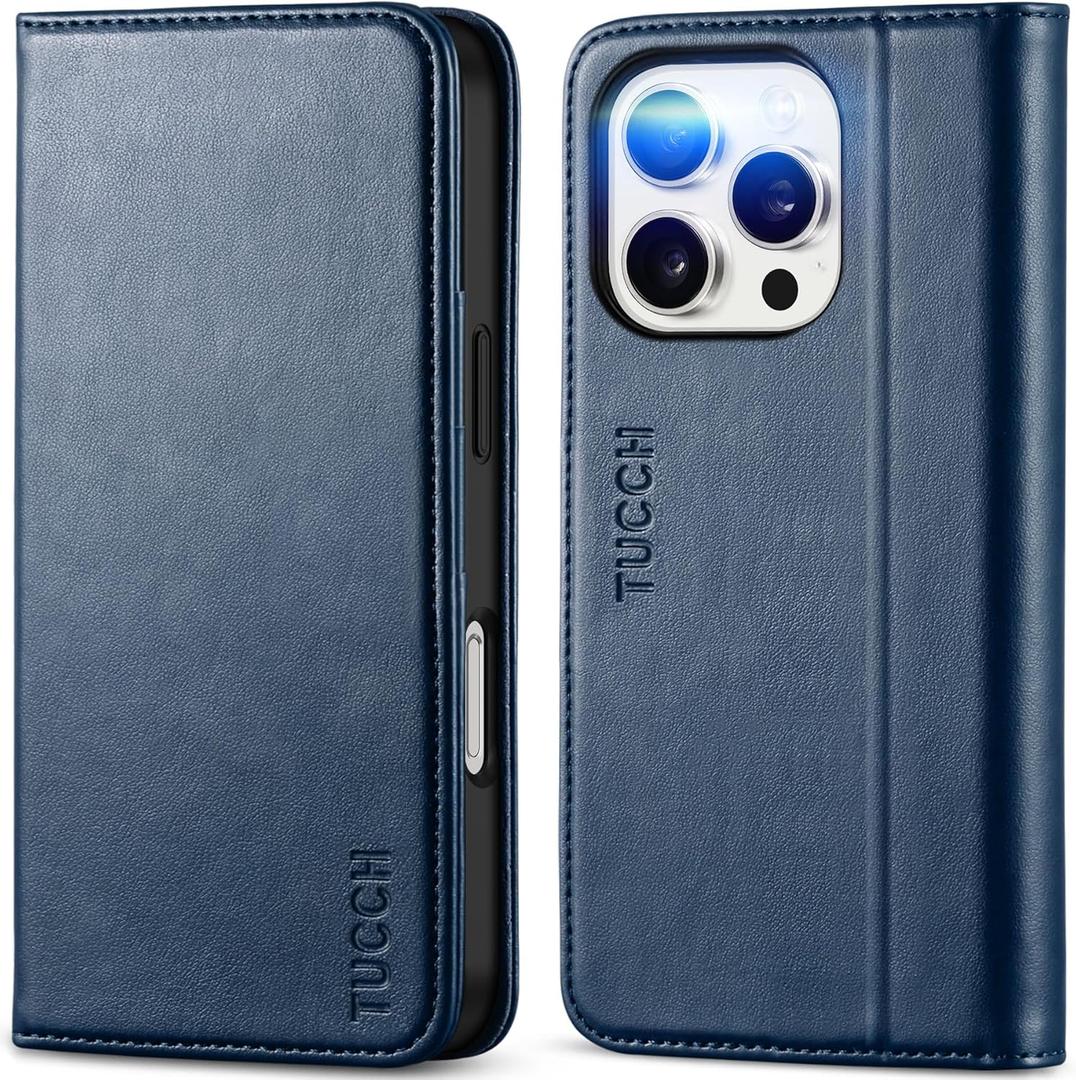 TUCCH Wallet Case for iPhone 16 Pro, PU Leather RFID Blocking [3 Card Slot] Folio Cover, Kickstand Book Design [Shockproof TPU Interior Case] Compatible with iPhone 16 Pro 5G 2024, Dark Blue