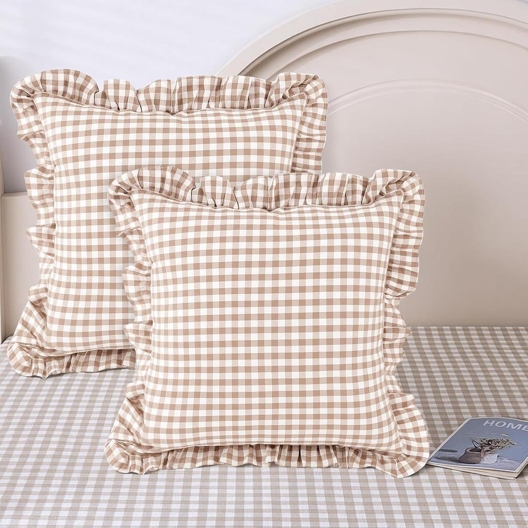 Kathfly 2 Pcs Taupe/White Plaid Ruffle Throw Pillow Covers Farmhouse Checkered 20'' x 20'' Washed Cotton Pillowcases Couch Gingham Pillow Shams for Living Room Bed, No Inserts