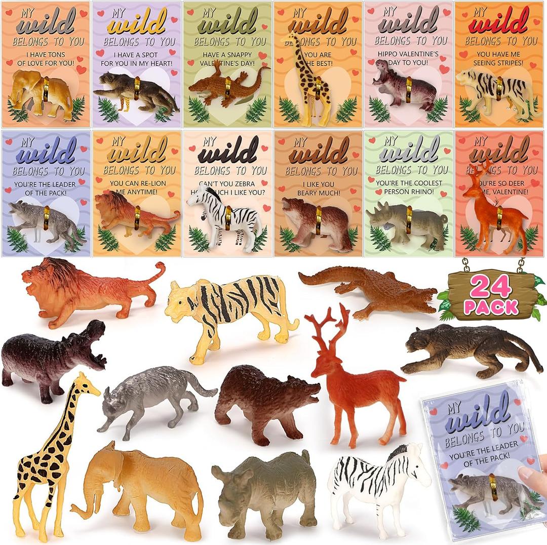 Valentines Day Cards for Kids School, 24 Pack Valentines Day Cards with Wild Animals Figures Toys, Valentines Day Exchange Gifts for Kids, Ideal Classroom Prize & Party Favors Supply