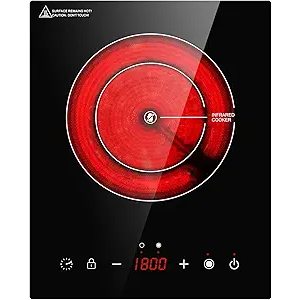 Dual Heating Coil Design of Single Burner Electric Cooktop, 1800W Ceramic Infrared Cooking Hot Plate, Portable Countertop or Built-in Radiant Stove Top Cooker with Wattage and Temperature Control