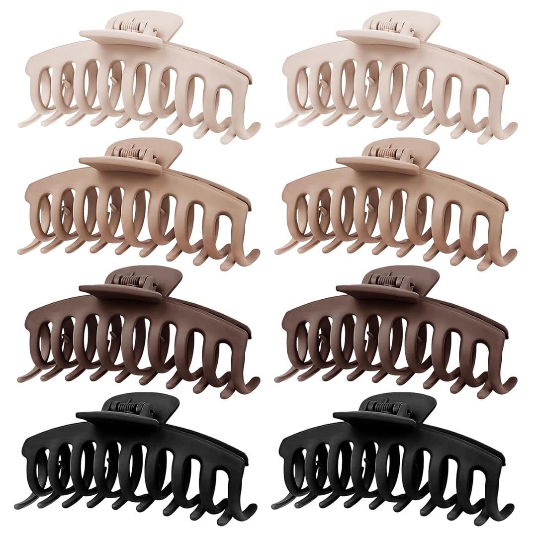 TOCESS Hair Claw Clips for Women - 8PK Large Neutral Matte Jumbo Hair Clips for Thick, Thin, Long, Short, Curly Hair Girls, Big Jaw Clip Set for Daily Use (Rounded B.Black, Brown, Beige, Khaki)