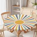 Boho Sun Round Fitted Tablecloth with Elastic Colorful Rainbow Stripe Circle Table Cloth for 40-44" Tables Summer Sunshine Retro Bohemian Wipeable Waterproof Table Cover for Farmhouse Picnic Party