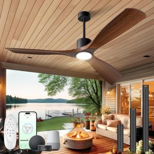 60" Ceiling Fan with Lights, Outdoor Ceiling Fan Smart Work with Alexa/Gg/App/Remote,3-Color Light Dimmable 6-Speed Quiet Reversible for Patio Porch Living Room, Dark Walnut