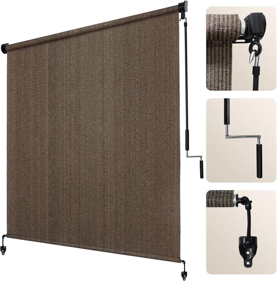 Artpuch Outdoor Roller Shade 8'(W) x8'(H) Fabric Blind Mocha 220GSM Roll Up Shade, Wand Operation Exterior Roller Shades Cloth for Patio Porch Gazebo, Spliced of Two Sections (96"W x 96"H)