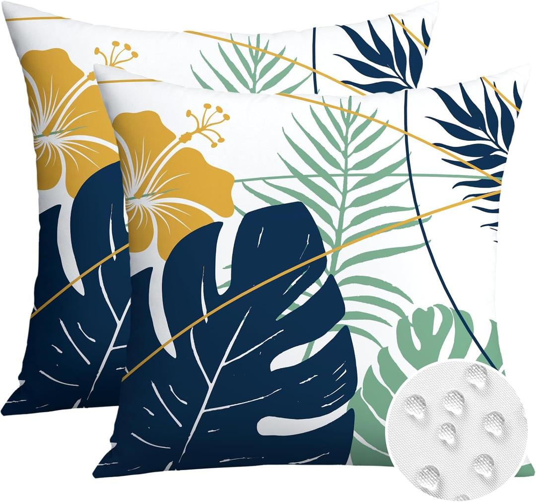 OTOSTAR Outdoor Waterproof Throw Pillow Covers 18x18 Inch Set of 2 Double-Sided Dark Blue Yellow Tropical Leaf and Flower Spring Summer Decorative Pillow Cases for Patio Funiture Garden Balcony Couch
