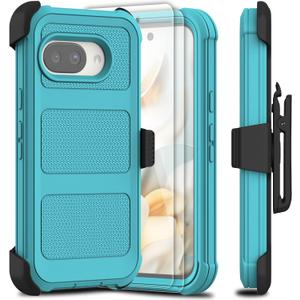 for Google Pixel 9a 2025 Case with 2 Pack Tempered Glass Screen Protector, [Holster Series] Belt Clip Kickstand Heavy Duty Shockproof Protective Cell Phone Case Cover (Blue Green)