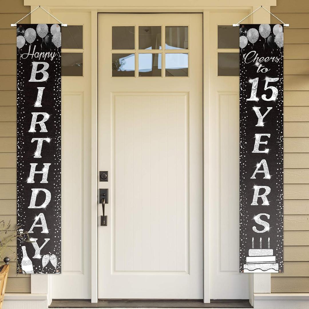 Happy 15th Birthday Yard Sign Door Banner - Cheers to 15 Years Birthday Decorations Party Supplies for Boys Girls - Black Silver
