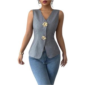 GORGLITTER Women's 3D Flower Metallic Vest Tops Button Up Waistcoat V Neck Sleeveless Vest Blazers (Medium, Grey)