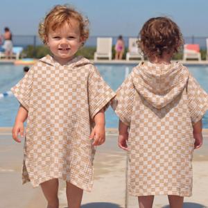Frienda Muslin Hooded Beach Towel for Kids 0-3 Years Soft Muslin Bath Poncho for Baby Absorbent Fast Drying Blankets for Boys Girls Newborns Toddler Beach Pool Bath Essentials (Checkered, Brown, White)