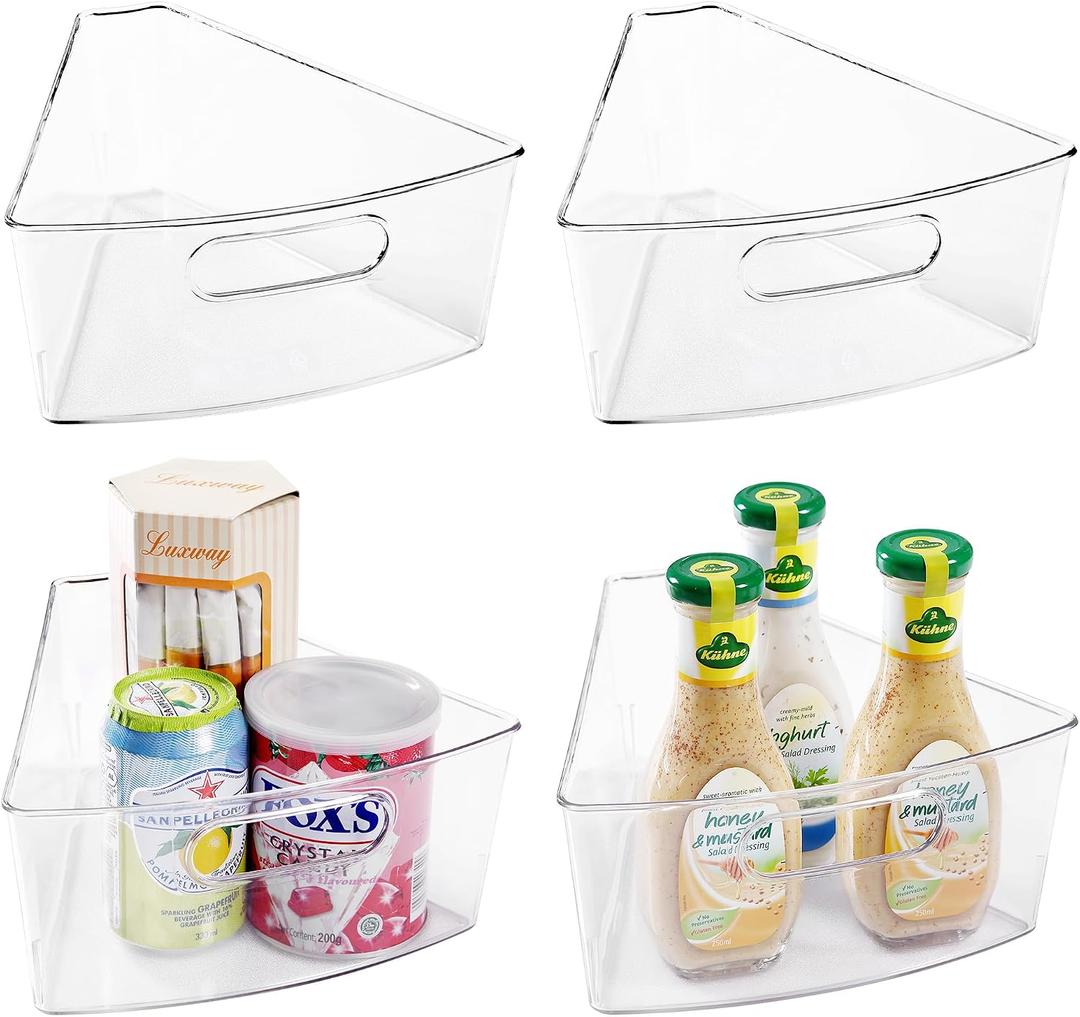 Oubonun Lazy Susan Organizers Set of 4, 10.2x 9.4x 4 Plastic Transparent Kitchen Cabinet Storage Bins with Handle, 4" Deep Container, 1/8 Wedge - Food Safe, without BPA